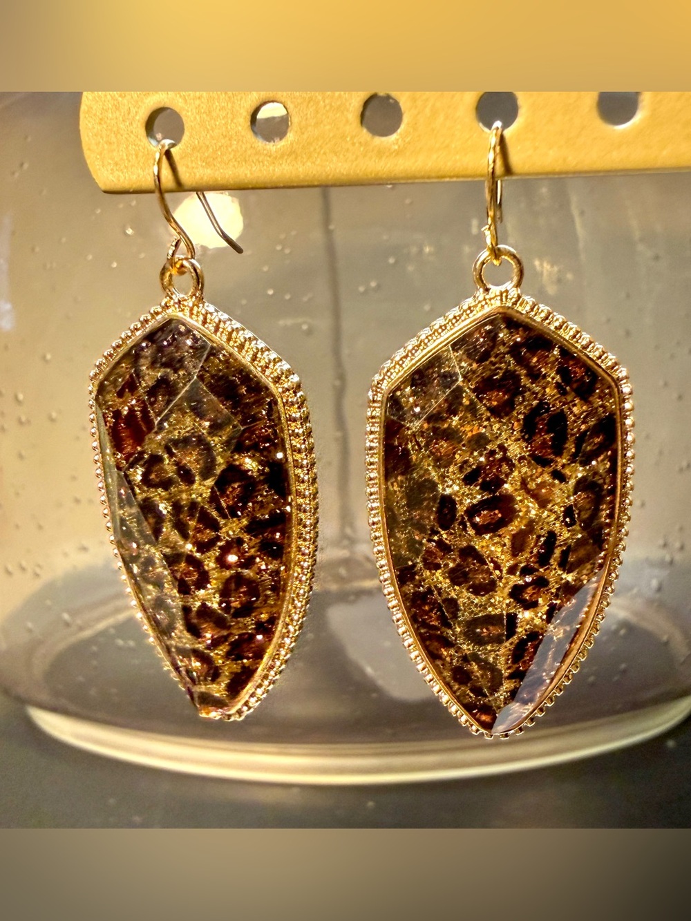 Leopard Print Gold Tone Dangle Earrings